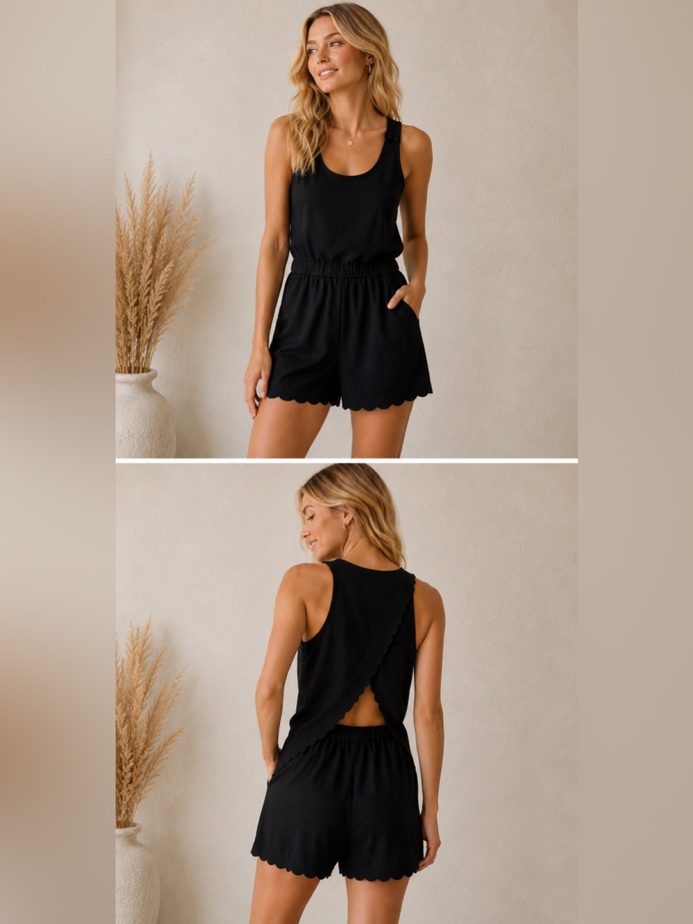 LOFT Scalloped Hem Romper Cutout Back Sz 00 Black Sleeveless Shorts